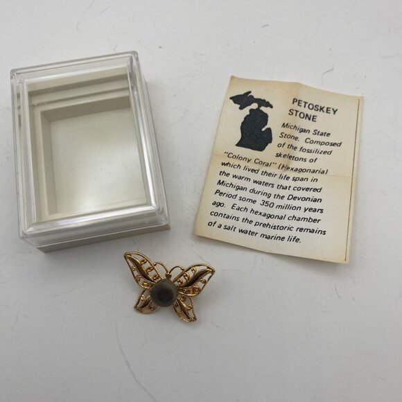 Vtg Petoskey Stone Butterfly Brooch Filigree Gold Tone Pin Box Michigan Fossil - Picture 5 of 10